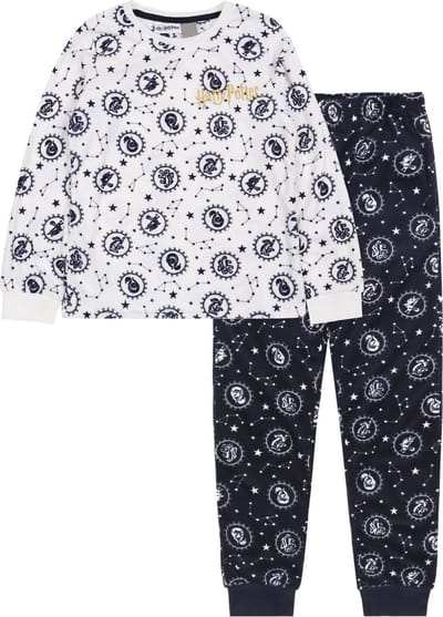 Harry Potter - Girls velours pyjama met lange mouwen, wit en marineblauw / 98-104