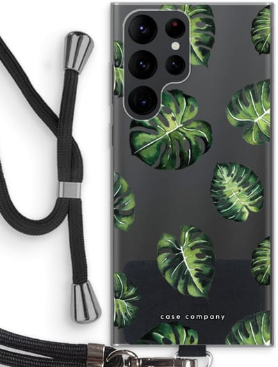 Case Company® - Hoesje met koord geschikt voor Samsung Galaxy S22 Ultra hoesje met Koord - Tropische bladeren - Telefoonhoesje met Zwart Koord - Bescherming aan alle Kanten en Over de Schermrand