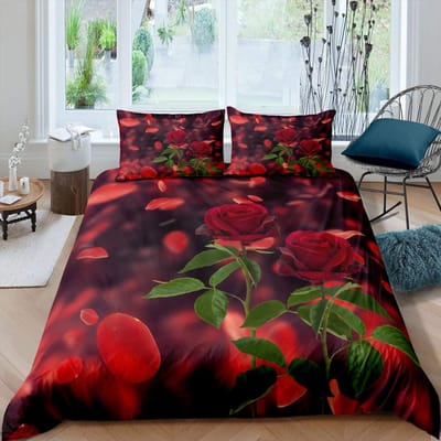 Rode Roos Dekbedovertrek Set Roos Bloemenprint Beddengoed Set Romantische Frisse Stijl King Size Dekbedovertrek met Kussenslopen voor Geliefden 180x210cm 3pcs
