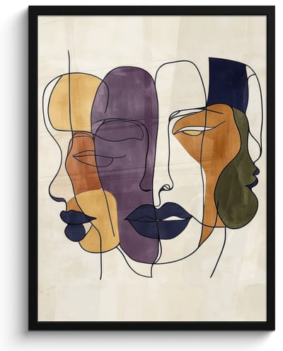 Poster in lijst - Fotolijst 60x80 cm - Posters - Abstract - Overlappende gezichten - Paars - Donkergroen - Posterlijst zwart - Decoratie - Wanddecoratie woonkamer - Muurdecoratie slaapkamer