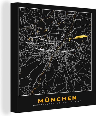Canvas Schilderij München - Plattegrond - Kaart - Stadskaart - Goud - Duitsland - 20x20 cm - Wanddecoratie