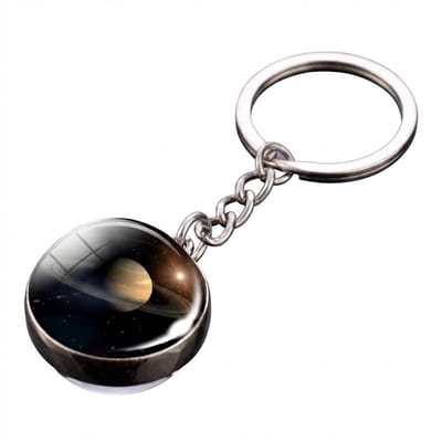 Zilverkleurige ronde sleutelhanger met planeet Saturnus afbeelding – sleutelhanger voor dames en heren – metalen keychain met planeet met ringen hanger en schakel ketting