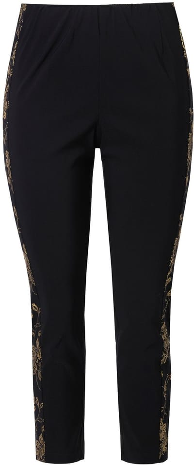 MIAMODA - Dames - Bengaline broek smalle pijpen gouden opdruk - Zwart - Maat 46