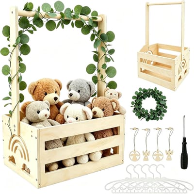 babymand met handvat, cadeau voor babyshower, pasgeborenen, meisjes, praktische babykast, gepersonaliseerde mand met kleerhangers, decoratieve bladeren en houten hangers