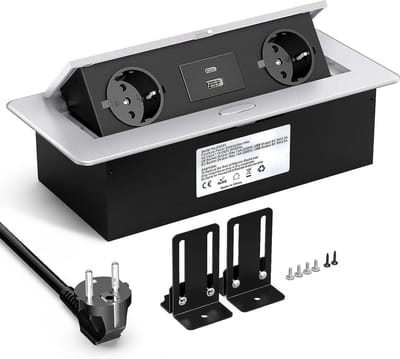 Intelectro Stekkerdoos voor Bureau & Kookeiland - Gebruiksvriendelijk - Eenvoudige Installatie - 2 Stopcontacten - 2 USB Poorten - 1.8m Lange Snoer - Aluminium Behuizing - Duurzaam Ontwerp - Wit - Levering Sneller dan Aangegeven!
