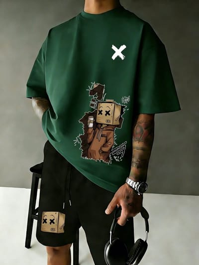 Stijlvolle en Comfortabele Heren Pyjama Set Donkergroen met 'Kartonman' Schriftprint, Zachte Katoenmix, Perfect voor Ontspannen Dagen en Nachten - 2XL-3XL