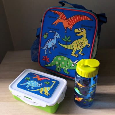 HEEL KLEIN Dino Dinosaurus lunchtasje / koeltasje (21 x 24 x 6 cm) met lunchboxje en drinkfles / drinkbeker - Tyrrell Katz