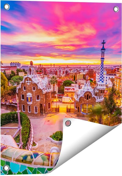 Gards Tuinposter Park G�ell Uitzicht op Barcelona - 40x50 cm - Tuindoek - Tuindecoratie - Wanddecoratie buiten - Tuinschilderij