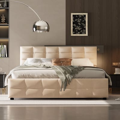 Gestoffeerd bed 180x200cm - lattenbodem - eenpersoonsbed - beige - zonder matras