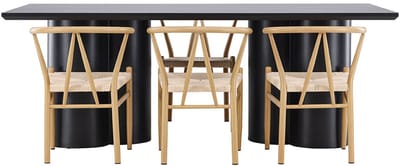 Olivia eethoek tafel 100x210cm en 6 stoelen met armleuningen stapelbaar zwart.