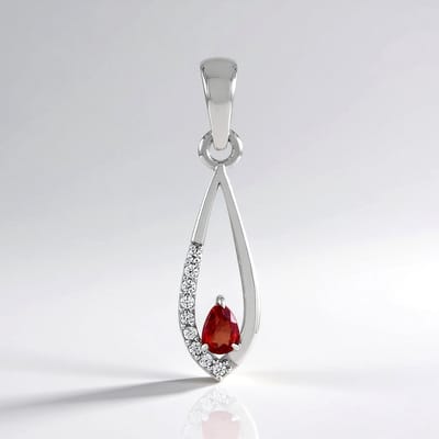 Cavill - Zilveren Druppelhanger - 925 Sterling Zilver Geplatiniseerd - Peervormige Robijn 0,165 ct & 9 Zirkonen - Elegante Rode Hanger