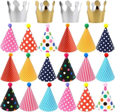 Ouceanwin 22 stuks feesthoeden voor kinderverjaardag, Happy Birthday, feesthoedjes met koord, kroon hoed en kleurrijke - ShopVlot