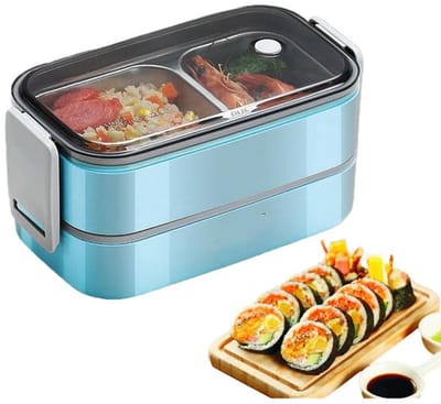 KZQ roestvrijstalen lunchbox - Dubbellaagse bentobox met gaas, lekvrij, geschikt voor de magnetron - Geschikt voor school, werk, reizen en kamperen - 20 x 11 x 12 cm - blauw