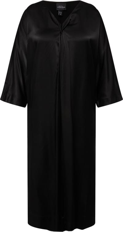 Ulla Popken - Dames - midi jurk satijn V-hals korte mouwen zakken - Zwart - Maat 46+