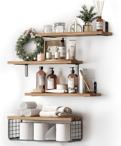 Set van 4 Houten Wandplanken met Metalen Mand, Rustieke Zwevende Planken voor Woonkamer, Badkamer en Keuken, Ideaal voor Opslag en Decoratie