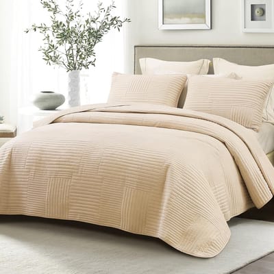 Famanu - Sprei, bedsprei, 240 x 260 cm, microvezel met 2 kussenslopen, zacht en licht dekbed met strepenpatroon voor alle seizoenen, beige