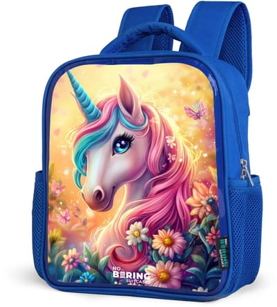 NoBoringSuitcases.com® - Rugzak blauw - Schooltas jongens - Eenhoorn met kleurrijke bloemen - Kinder rugtas jongen - Boekentas kind - Kinderrugzak voor school - Schoolrugzak