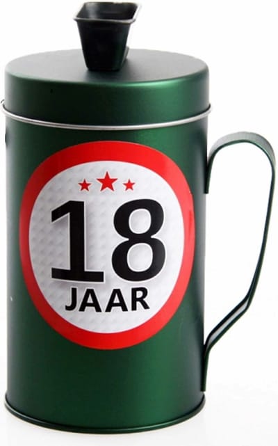Spaarpot - 18 jaar geworden thema - verjaardag cadeau - Blik met sticker van 9 cm - blik in groen