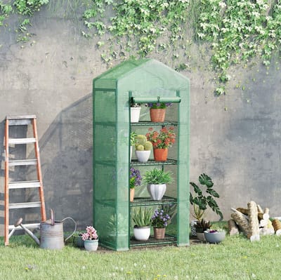 MEUNIQ Foliekas 70 x 50 x 160 cm met 4 legplanken en oproldeur, mini-kas voor het opkweken van jonge planten in tuin of op balkon, groen