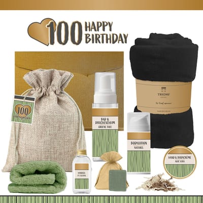 Geschenkset “100 Happy Birthday” - 8 producten - 1140 gram - Triomf Cosmetica | Luxe wellness Cadeaubox voor haar Giftset Feestje Verjaardag Honderd jaar Cadeau Pakket Gefeliciteerd Verjaardagscadeau Vrouw Party Hundred Years Hartje Goud Groen Zwart