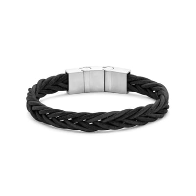 7FB-0814 – Frank 1967 – Heren Armband – Gevlochten Leren Armband – Zwart – Zilverkleurig Geborsteld