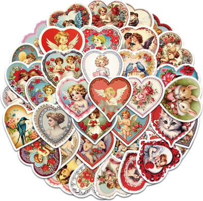 Hartjes Stickers met Engeltjes, Dieren en Bloemen - 50 Hart Stickers in Victoriaans Stijl - 5x5CM - Cupido/Liefde/Valentijn