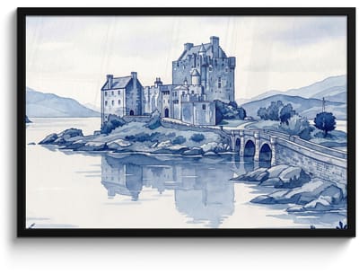 Poster in lijst - Fotolijst 90x60 cm - Posters - Schots - Kasteel - Blauw - Aquarel - Posterlijst zwart - Decoratie - Wanddecoratie woonkamer - Muurdecoratie slaapkamer