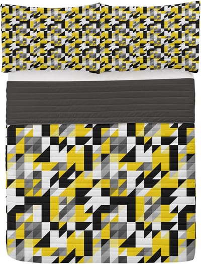 ABAKUHAUS Geel-wit Microfiber Bedspreiset, Squares en Houndstooh, Zacht beddengoed met kussenslopen en quilt, 220 cm x 220 cm, Geelgrijs Zwart