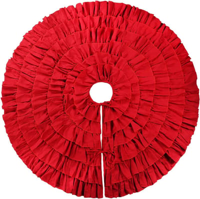 Rode kerstboomrok 122 cm, grote 6-laagse pluizige kerststerrok met ruches voor kunstbomen van 1,5-2 meter, rode rustieke vintage boerderijkerstversiering