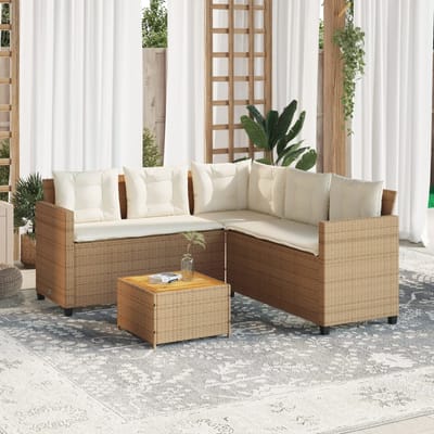 vidaXL - Tuinbank - met - tafel - en - kussens - L-vormig - poly - rattan - beige