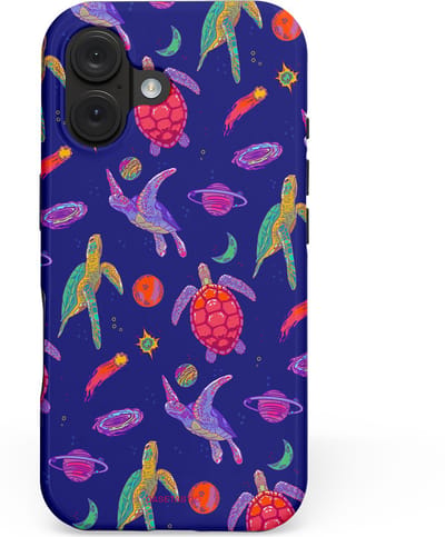 Casetastic hoesje geschikt voor Apple iPhone 16 - MagSafe - Dubbellaagse bescherming - Kosmische schildpad - Fashion Case - Donkerblauw Lavendel