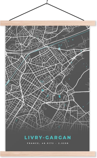 Posterhanger incl. Poster 40x60 cm - Schoolplaat - Livry-Gargan - Frankrijk - Plattegrond - Kaart - Stadskaart - Textielposter - Blanke latten - Stadskaart