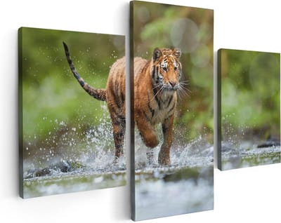 Artaza Canvas Schilderij Drieluik Tijger Loopt In Het Water - 90x60 - Foto Op Canvas - Canvas Print