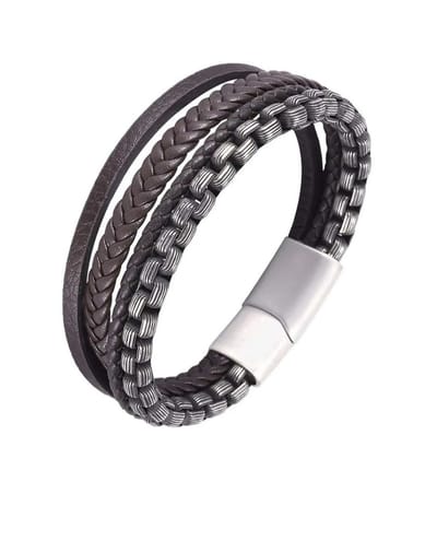Walletstreet Armband Heren - Bruin Snoeren met RVS Accenten - Leer en RVS - Mannen Armbandje 21 cm-voor mannen en vrouwen-Kerstcadeau-Ideale geschenk