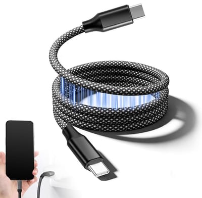 Spiraalvormige magnetische USB-C oplaadkabel 65W (3A), intrekbaar en gevlochten nylon, 1m, geschikt voor smartphones en tablets