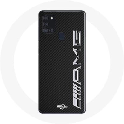 Samsung Galaxy A21S Hoesje met Amg-logo in carbontextuur zwart
