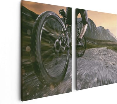 Artaza Canvas Schilderij Tweeluik Moutainbike Fietser in de Bergen - 80x60 - Foto Op Canvas - Canvas Print