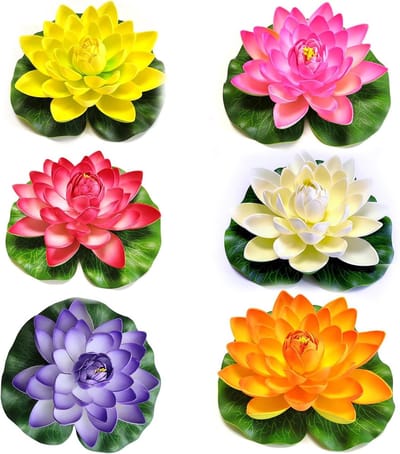 Drijvende vijverdecoratie met 6 kunstmatige waterlelies, lotusbloemen en vijverplanten van 18 cm