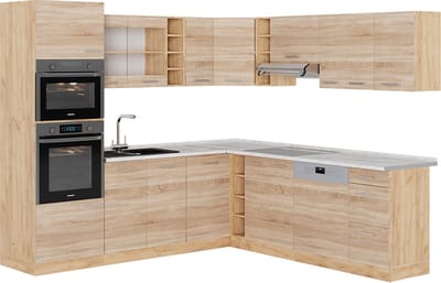 Vicco Hoekkeuken R-Line, Sonoma/Goudkleurig Eiken, 247 x 237 cm, WB Marmer