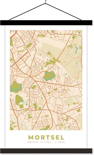 Posterhanger incl. Poster 40x60 cm - Schoolplaat - Vintage - Retro - Plattegrond - Kaart - Stadskaart - Mortsel - Textielposter - Zwarte latten - Stadskaart