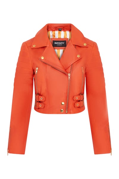 Dames oranje cropped Brando leren bikerjack - Durban