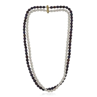 Cavill - Zilveren halsketting - 925 Sterling zilver verguld - Witte en zwarte zoetwaterkweekparels fancy slijpsel - Elegant dubbelrijig design