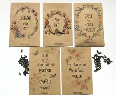 10 zakjes zonnebloemzaden met leuke teksten/ kraft / brievenbuskadootje / verjaardag / zomaar/ zonnestralen / veel liefs/ knuffel/