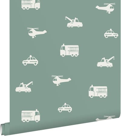 ESTAhome behang auto's, brandweerauto's, helikopters en kranen vergrijsd blauw - 53 cm x 10.05 m - 131398