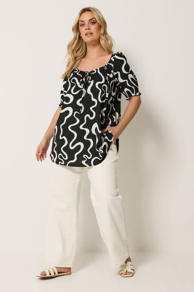 Yours Zwarte Blouse Met Abstracte Print En Strik Aan De Voorkant Size 42