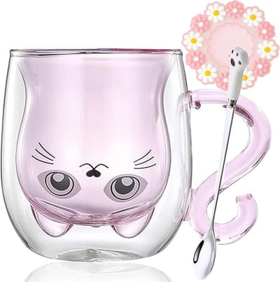 Omgoods - Dubbelwandige glazen koffie beker - Schattige kat met lepel en onderzetter