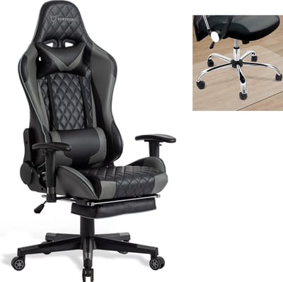 OFMOTRA Gamestoel - Gaming stoel- 90°-170° Rugleuning - Racing Style - Maximale Belastbaarheid 150kg - Met Voetsteun - Met vloerbeschermingsmat - Grijs