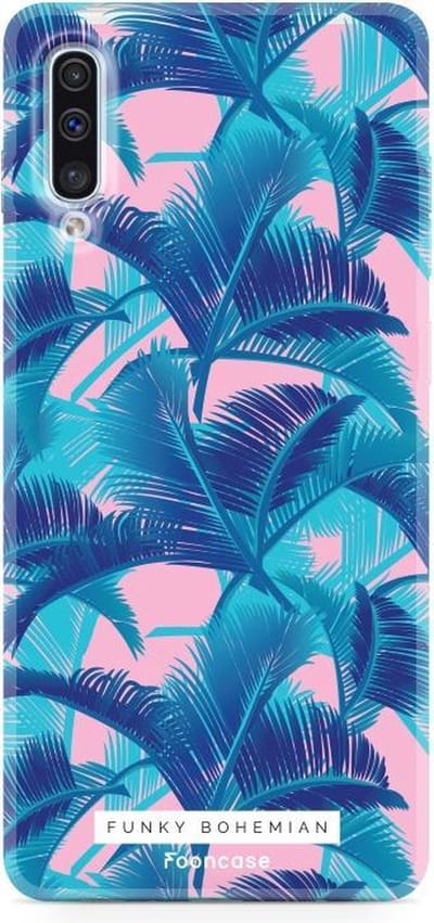 Fooncase Hoesje Geschikt voor Samsung Galaxy A70 - Shockproof Case - Back Cover / Soft Case - Funky Bohemian / Blauw Roze Bladeren