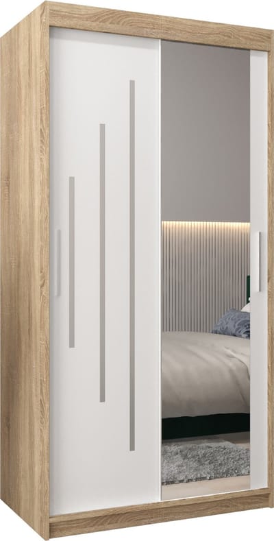 InspireMe - Kledingkast met 2 schuifdeuren, Modern-stijl, Een kledingkast met planken en een spiegel (BxHxD): 100x200x62 - MALTESE II 100 Sonoma Eik + Wit Mat
