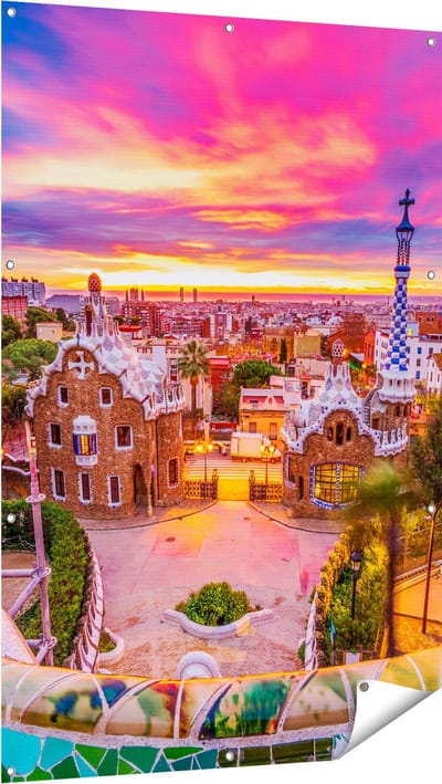 Gards Tuinposter Park G�ell Uitzicht op Barcelona - 100x150 cm - Tuindoek - Tuindecoratie - Wanddecoratie buiten - Tuinschilderij